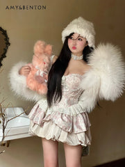 Sweet Elegance Retro Jacquard Strapless Dress for Women Lolita Dresses Cute Pearl Pendant Slim Fit Patchwork Sexy Mini Dress