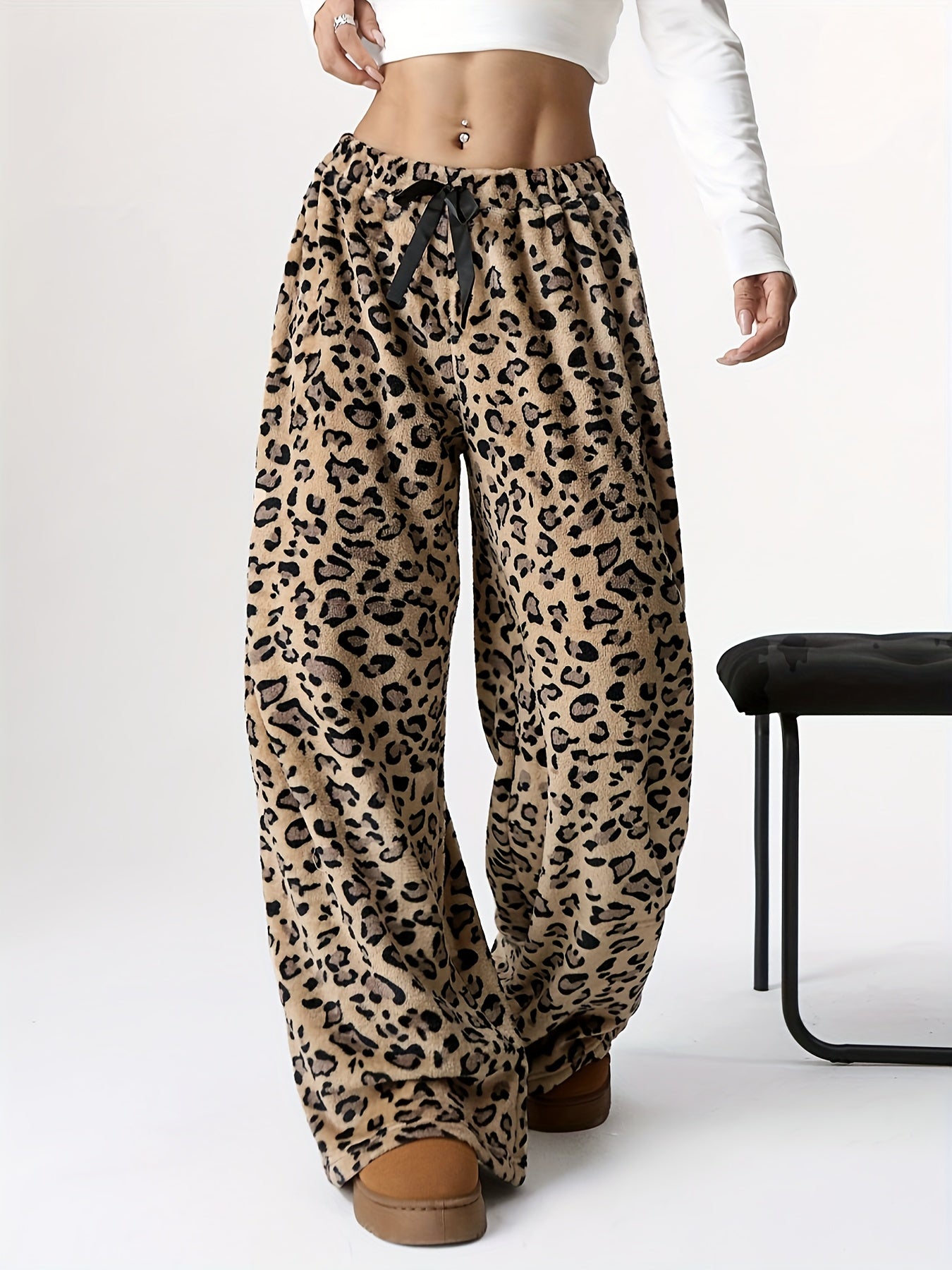 Y2K Elastic Waist Wide Leg Pants - Leopard Pattern Low Waist For Spring & Fall - Women's Clothing