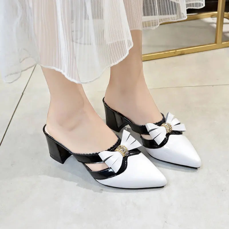 Ingvn  Women's Slippers and Ladies Sandals Jewels Summer  Crystals Slides Pointed Toe Shoes Black Heeled Mules Rhenstone with Bow Y