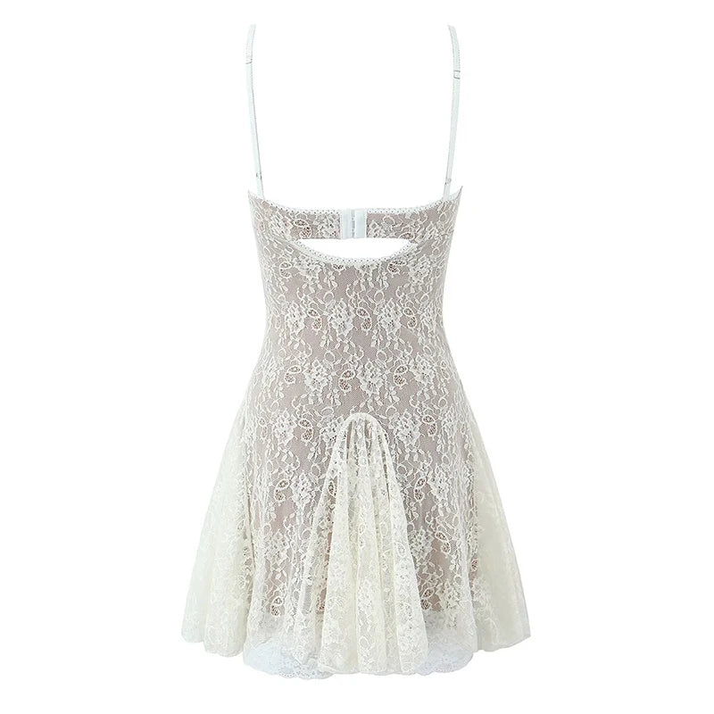 New Fashion Women Spaghetti Straps Lace Sexy Dresses Black Beige Backless Hollow Out A-line Mini Dress Night Out Robe
