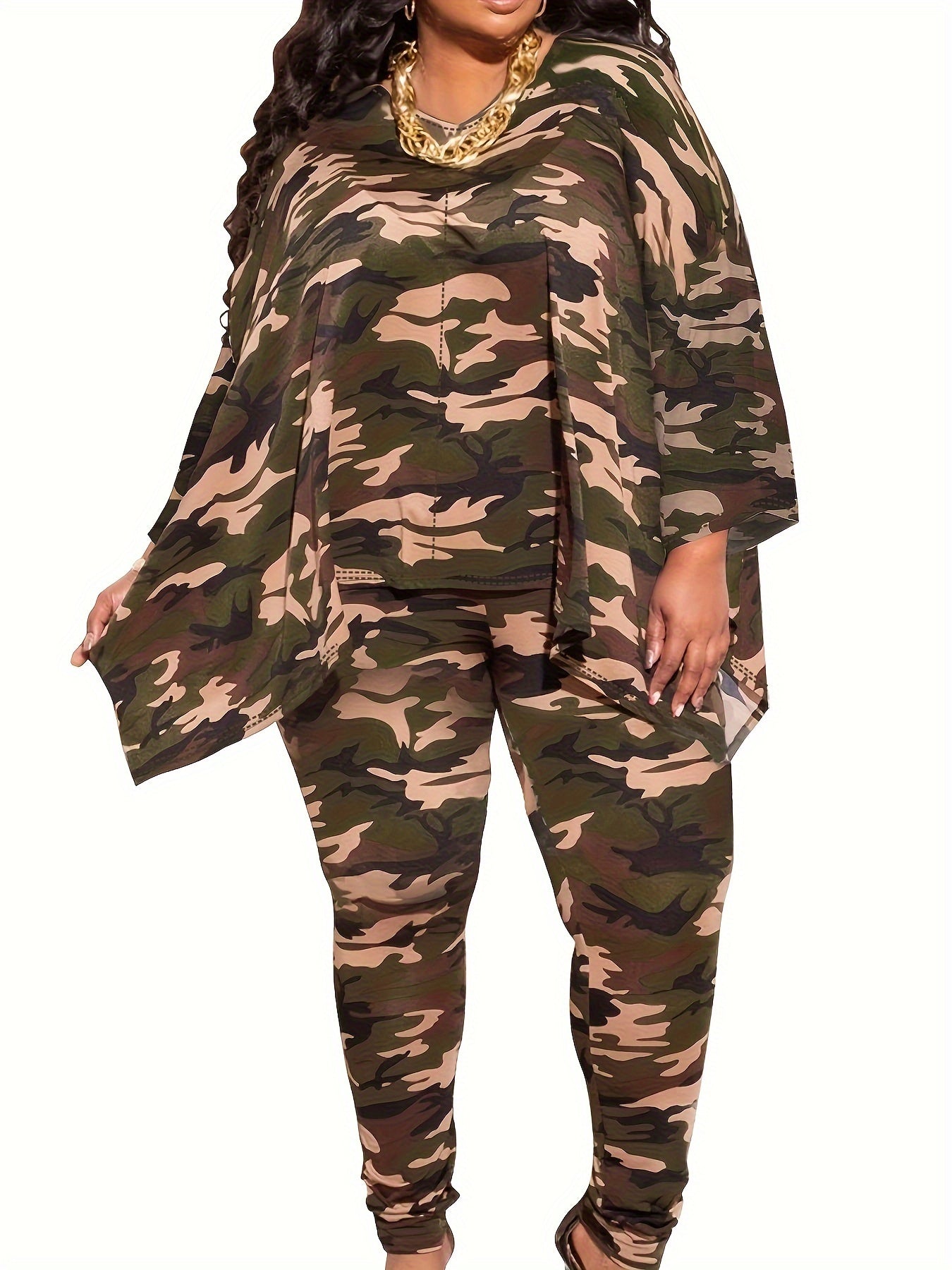 Plus Size Casual Outfits Two Piece Set, Women's Plus Leopard Print Bat Sleeve Round Neck Oversized Top & Pants Outfits 2 Piece Set