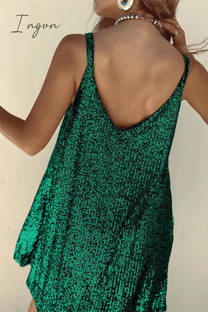 Ingvn - Sexy Solid Sequins V Neck Sling Dress Dresses