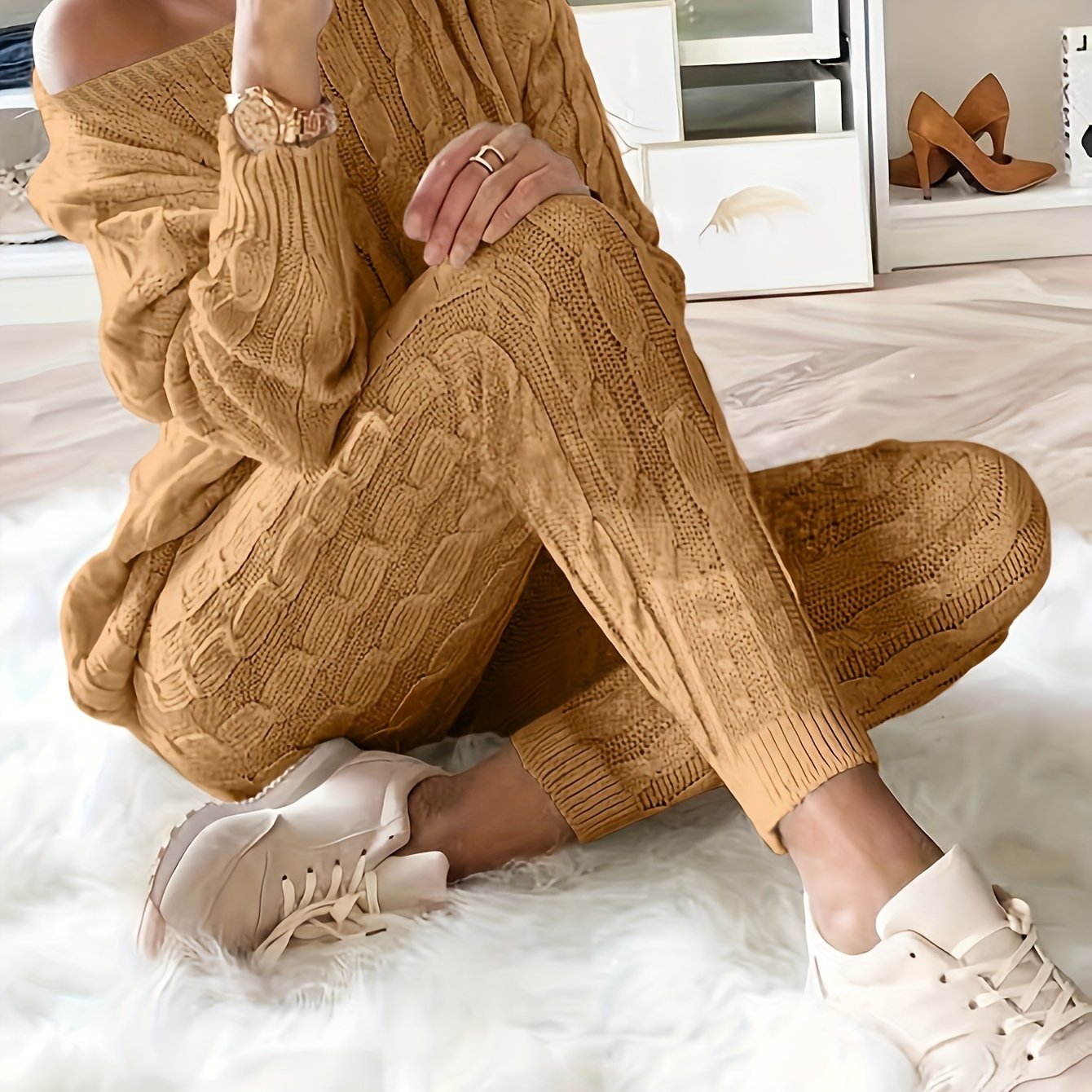 Solid Knitted Matching Two-piece Set, Casual Long Sleeve Sweater & Pants Outfits, Women's Clothing
