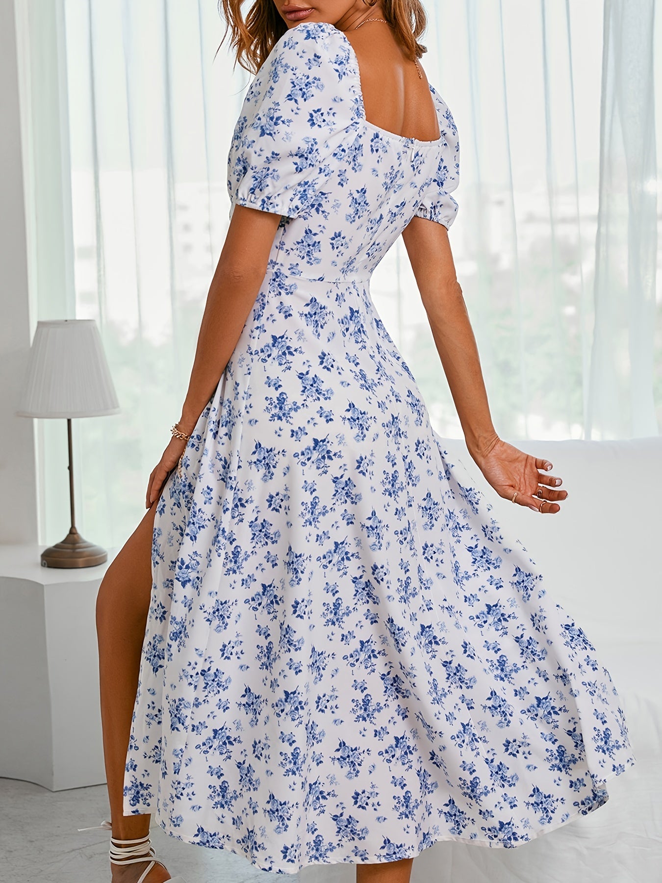 Flirty Floral Print Ruched Dress with Puff Sleeves - Chic Square Neckline & Split Hem - Perfect Casual Style for Spring & Summer - Trendy Womens Clothing