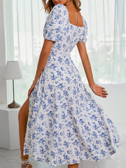 Flirty Floral Print Ruched Dress with Puff Sleeves - Chic Square Neckline & Split Hem - Perfect Casual Style for Spring & Summer - Trendy Womens Clothing