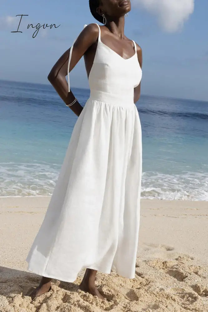 Ingvn- Sexy Vacation Solid Bandage Backless V Neck Beach Dress Dresses