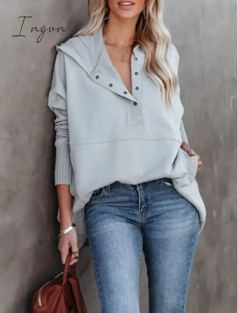 Ingvn - Women's Sweatshirt Pullover Basic Button Gray Solid Color Casual V Neck Long Sleeve Textured Top Micro-elastic Fall & Winter