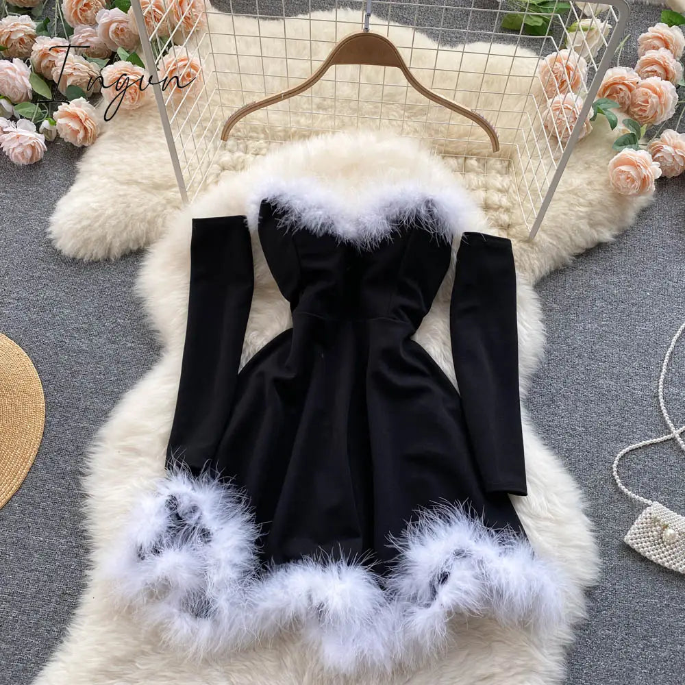 Ingvn - Gifts For Women Elegant Dress For New Year Strapless Backless Furry Sexy Short Mini Christmas Dress Navidad Red Party Dress Femme