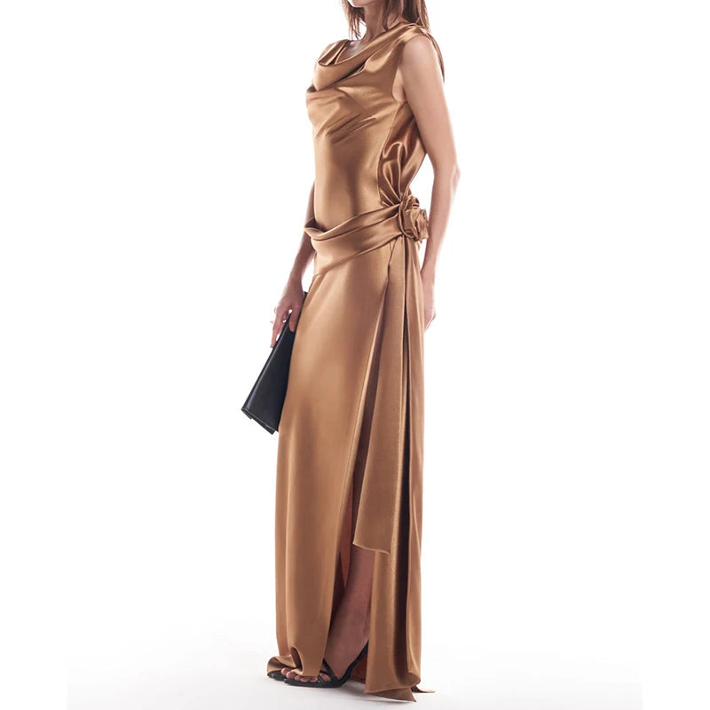 Sexy Spaghetti Strap Backless Evening Dress Women Satin Scarf Collar High Split Dress Lady Elegant Bodycon Party Dress