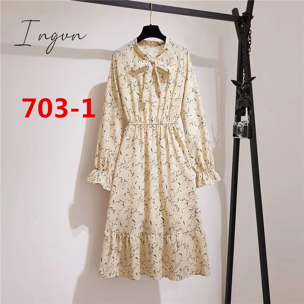 Ingvn - 11 Style Beautiful Fashion Summer Women Long Sleeve Dress Retro Collar Casual High Waist Dresses Floral Print Chiffon Clothing
