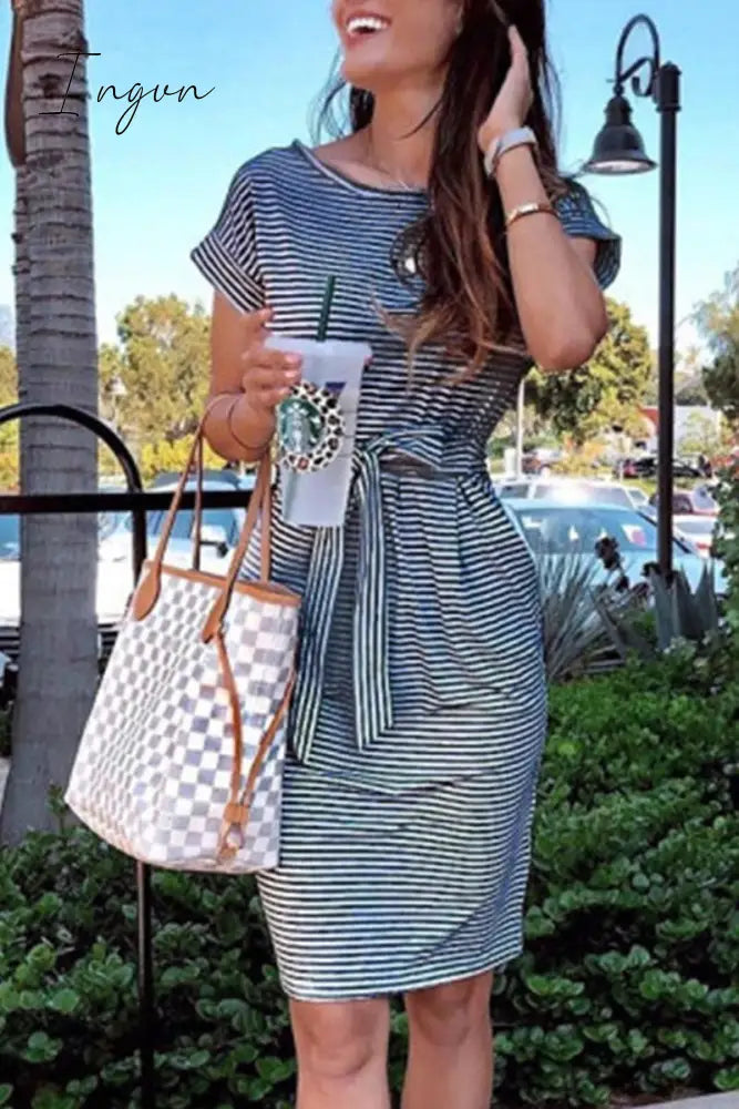 Ingvn -  Striped Knot Design Grey Midi Dress(5 Colors)