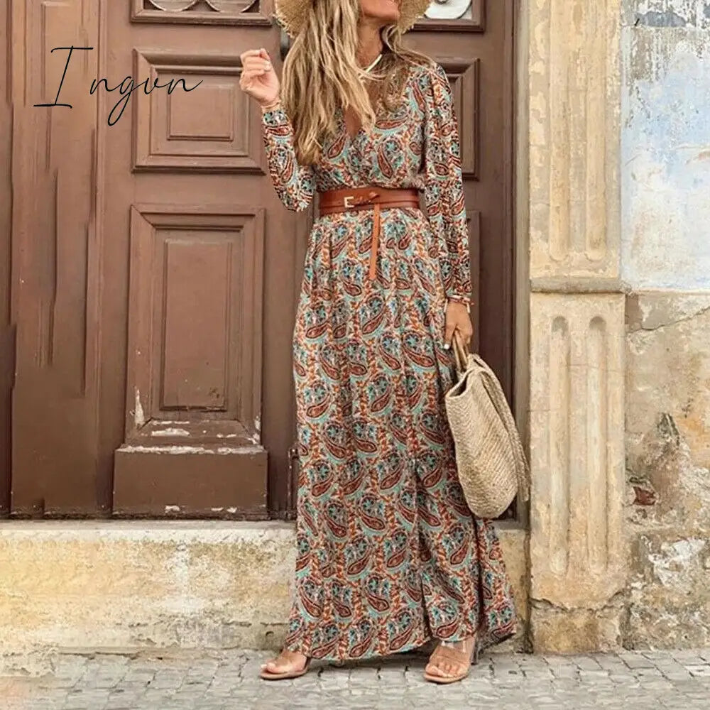 Ingvn - Fashion Boho Dress Long Dress Women Casual V Neck Short Sleeve Retro Print Belt Hem Beach Dresses Elegant Sundress Robe Femme