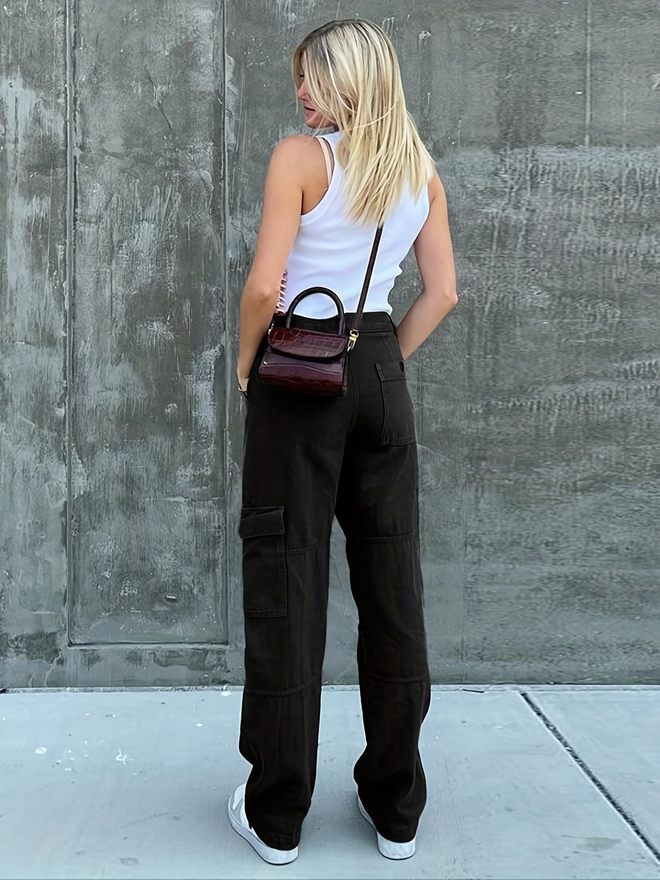 Wide Leg One Side Square Pocket Cargo Pants, Denim Loose Baggy Fit Straight Legs Trousers, Y2K Kpop Vintage Style Women's Jeans