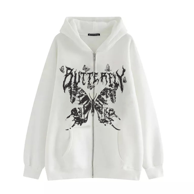 Y2K Retro Dark Gray Butterfly Zipper Hooded Sweatshirt 90s Harajuku Punk Gothic Zip Up Hoodie Long-sleeved Loose Jacket