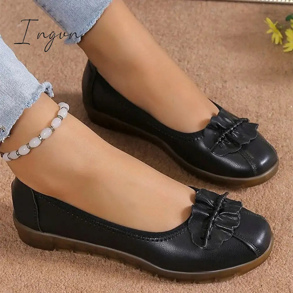 Ingvn - Women's Flats Ballerina Mary Jane Work Daily Bowknot Flat Heel Round Toe Casual Comfort Walking Shoes PU Loafer Floral Black Apricot