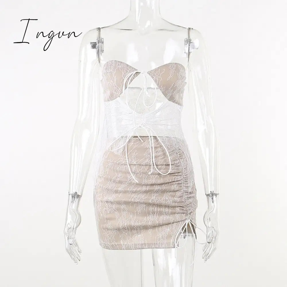 Ingvn - Elegant Lace Print Sexy Two Piece Set Women Strapless Crop Top And Skirt Female Ruched Bodycon Party Club Skirt Sets