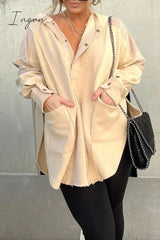 Ingvn - Casual Solid Pocket Slit Hooded Collar Tops
