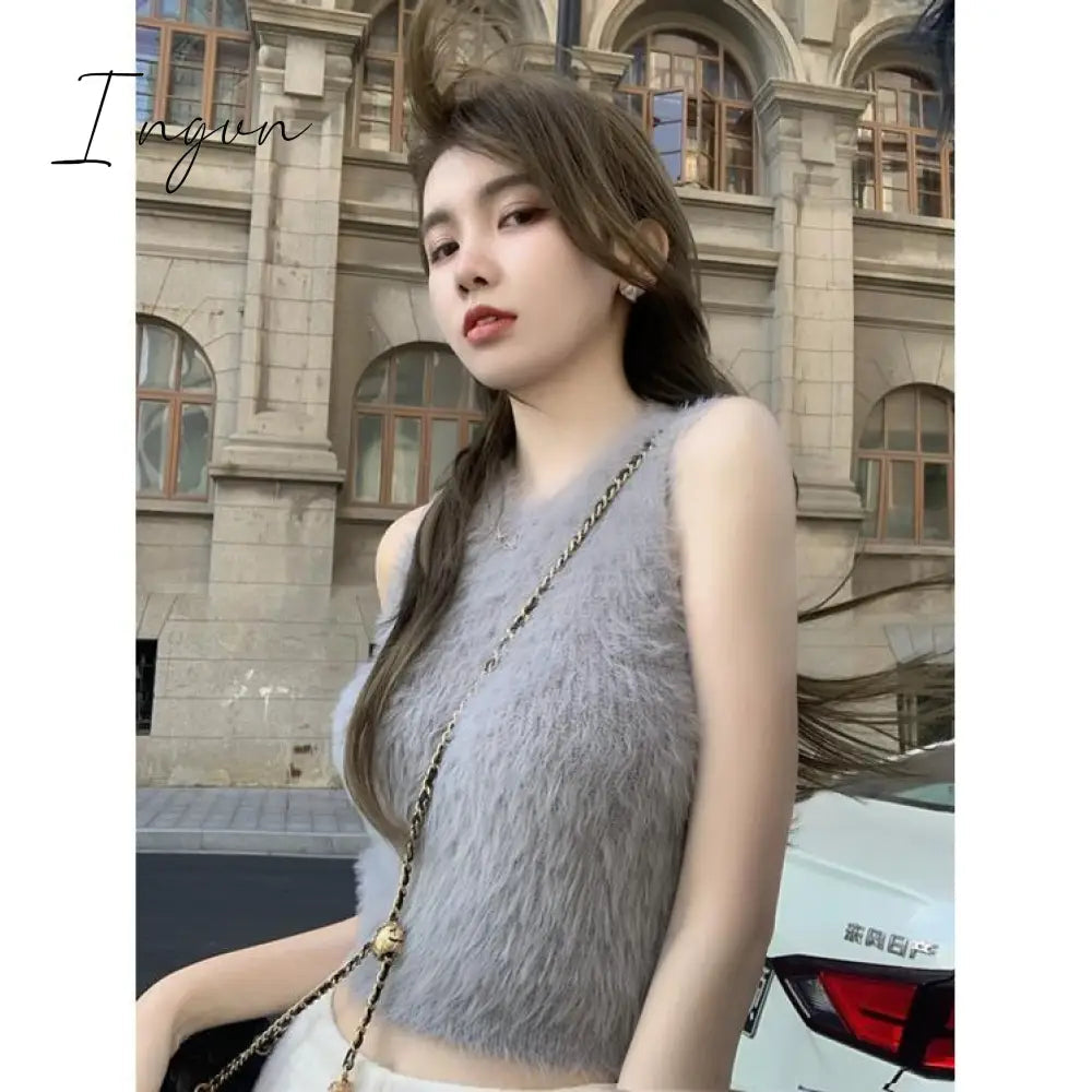 Ingvn - Sexy Plush Crop Tops Women Vintage Y2k Clothes Knitted Tank Top Sleeveless Club Party Outfits Korean Fashion New