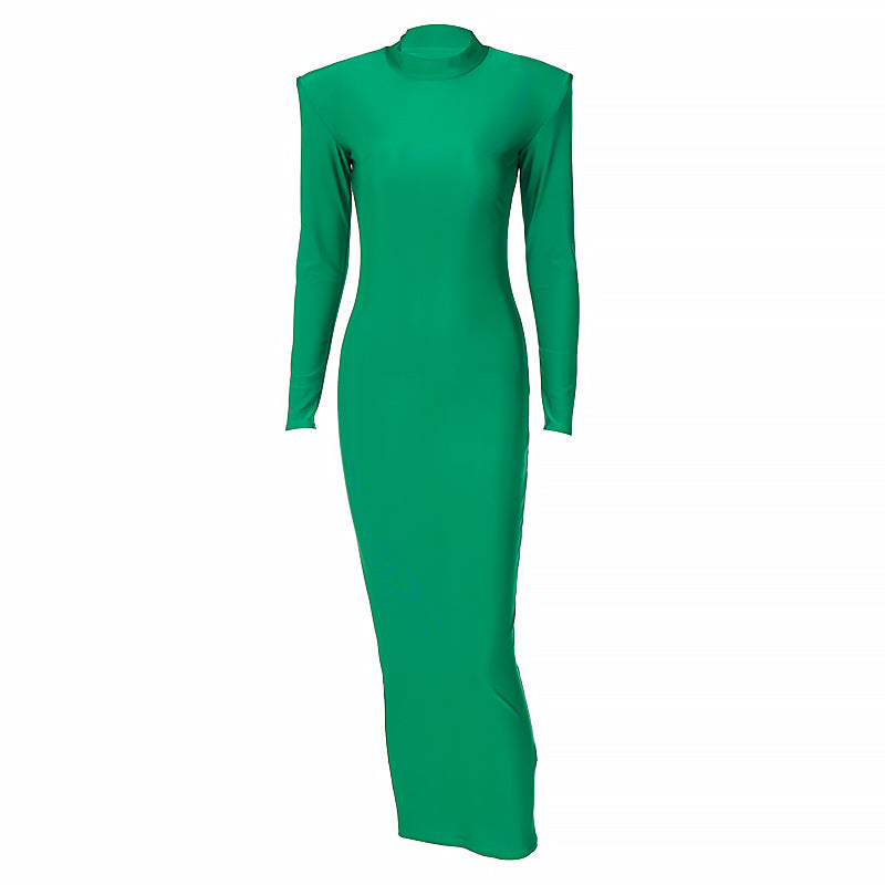 Solid Long Sleeve With Shoulder Pads Turtleneck Maxi Dress New Year Women Fashion Streetwear Elegant Skinny