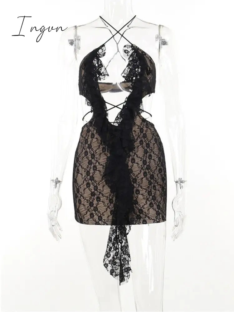Ingvn - Hollow Out Lace Sexy Woman Bodycon Dress Fashion Sleeveless Backless Halter Beach Party Dresses Female Printed Dress