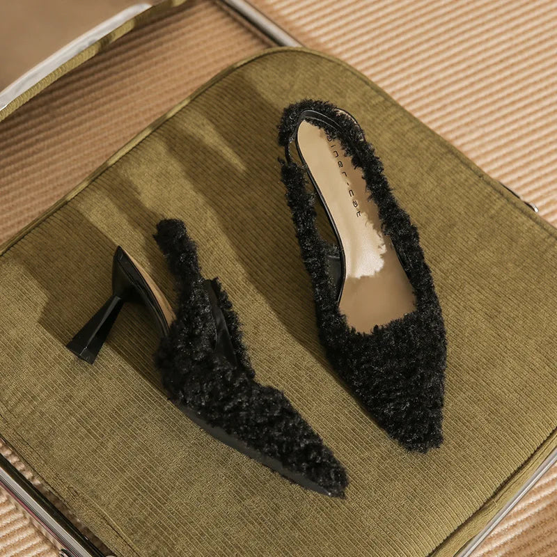 Black Fur Slingback Pumps Sandals Women Fashion Pointed Toe Shallow Slip-on Plush Pumps Ladies Elegant Evening Party Heel Shoes