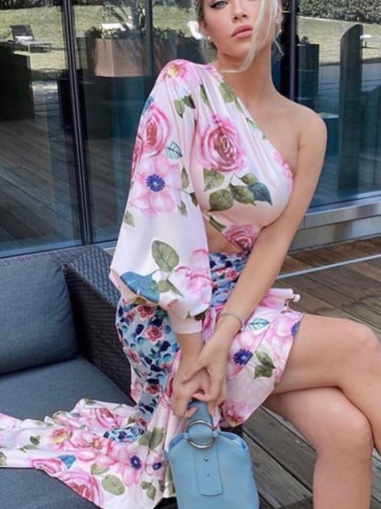 Summer New Ladies Fashion Tube Top Single Sleeve + Waist Splicing Skirt Sexy Elegant Ladies Asymmetric Skirt Suit