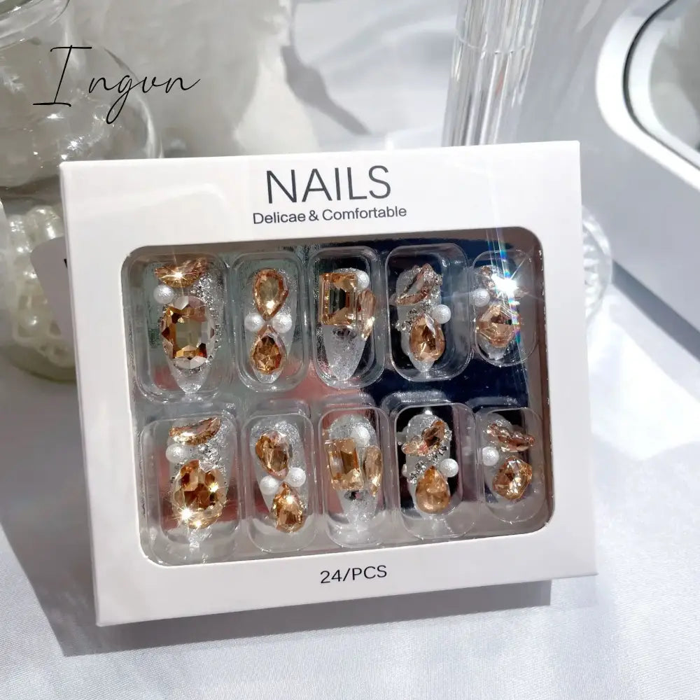24PCS/Set Long Oval False Nails 3D Heart Sparkling French Press On Nails Pink Full Cover Fake Nail Crystal Gem Design Nails Tips