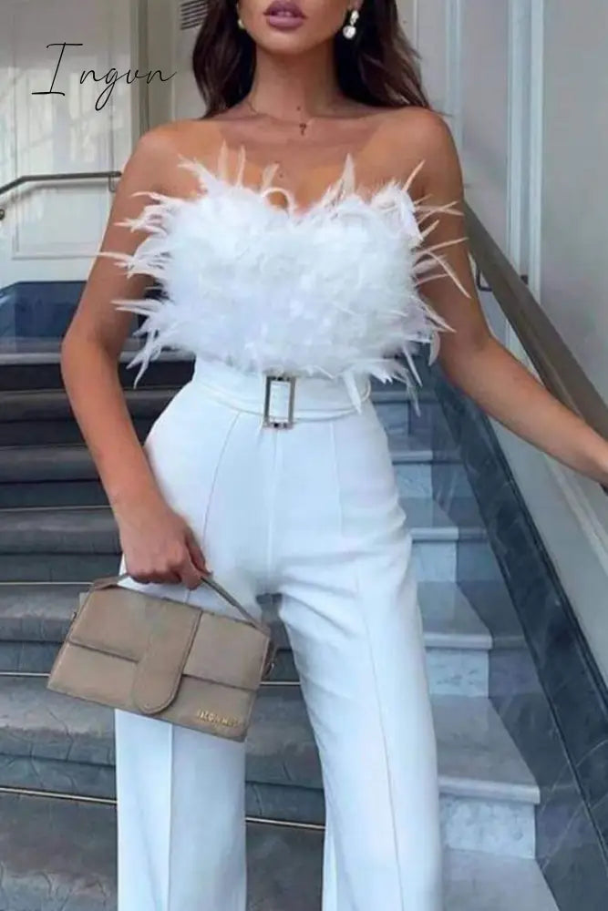 Ingvn - Sexy Feathers With Belt Strapless Jumpsuits(5 Colors)