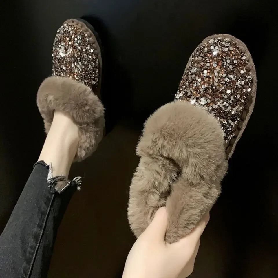 Ingvn  Womens Snow Boots Sexy Round Toe Shoes for Women Rhinestone Elegant with Low Heels Plus Warm Y2k Anti Skid on Promotion Gyaru Pu
