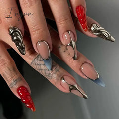 24Pcs 3D Long Almond False Nails Red Nude Ballet Stiletto Wearable Fake Nails MilkTea Color Jelly Full Cover Press On Nail Tips