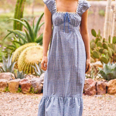 Women Casual Vintage Plaid Dress Elegant Square Neck Short Sleeve A-line Summer Long Dress Vacation Maxi Robe