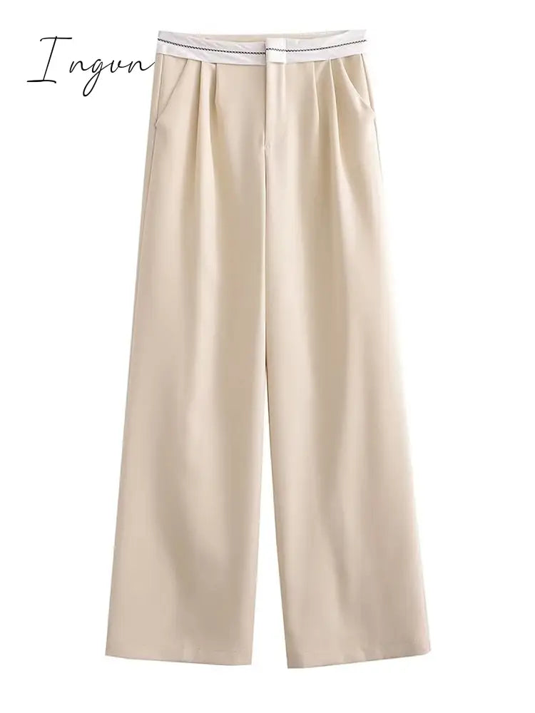 Ingvn - 2023 Women Fashion Side Pockets Patchwork Straight Pants Vintage High Waist Zipper Fly Female Casual Trousers Mujer