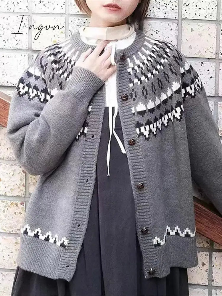 Ingvn - Women's Ugly Christmas Sweater Cardigan Sweater Jumper Ribbed Knit Patchwork Button Geometric Crew Neck Stylish Casual Christmas Daily Fall Winter Red Navy Blue One-Size