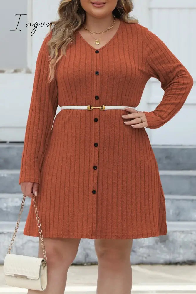 Ingvn - Casual Solid Patchwork V Neck Long Sleeve Plus Size Dresses (Without Belt)