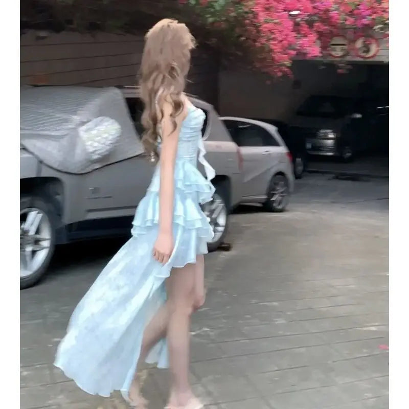Summer Sweet Chic Sleeveless Dress Women Y2k Vintage Off Shoulder Solid Mini Dresses Female Korean Retro One Piece Dress