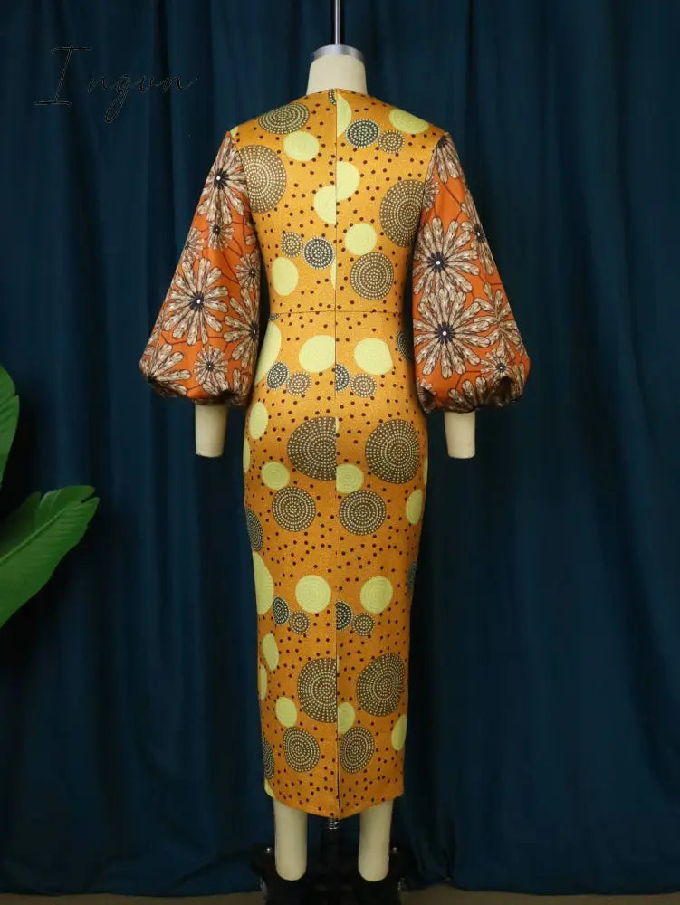 Ingvn - African Women Sun Flower Printed Long Dresses O Neck Lantern Sleeve High Waist Sheath Gowns 4XL for Wedding Guest Church Outfits