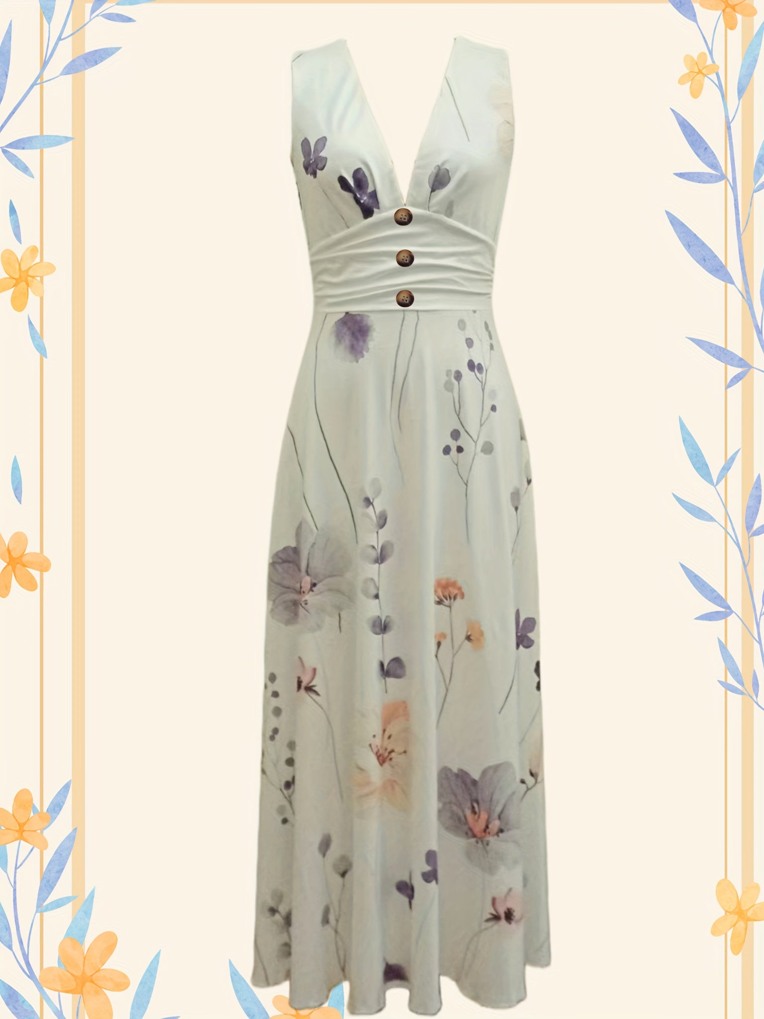 Floral Print Sleeveless Dress, Boho V Neck Simple Maxi Dress, Women's Clothing