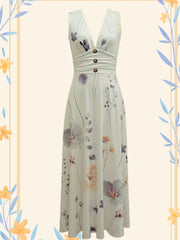 Floral Print Sleeveless Dress, Boho V Neck Simple Maxi Dress, Women's Clothing