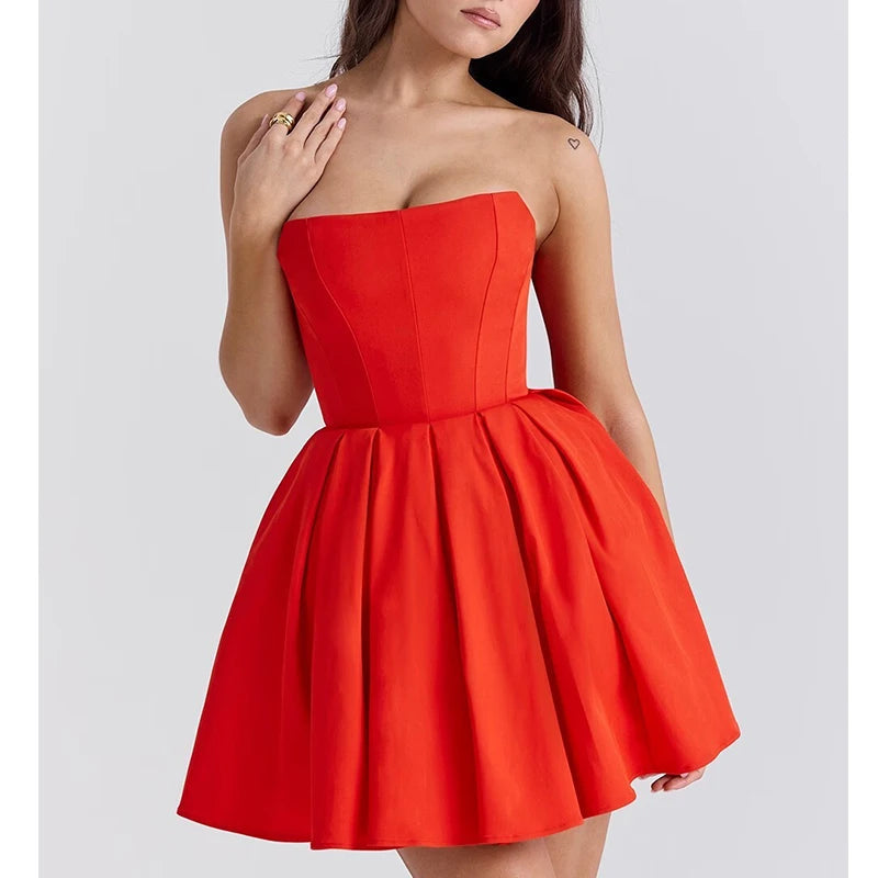 Women Pleated Hem Red Strapless Dress Sexy Elegant Christmas Party Mini Dress Female Fit And Flare Pretty Birthday Robe