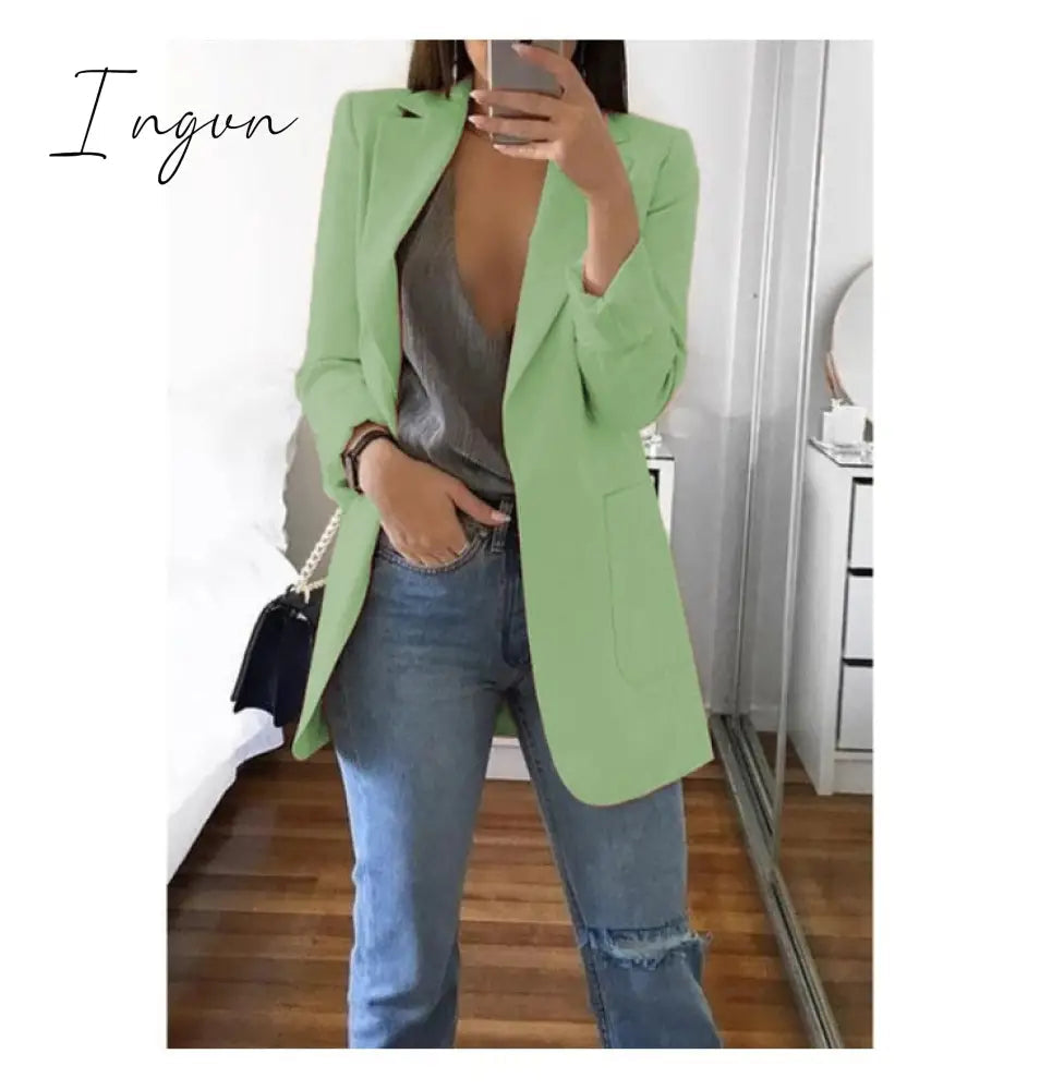 Ingvn - Fashion Korean Casual Women's Blazer Spring Autumn Long Blazer Women Suit Outwear Slim Coats Office Ladies Blazer Work Jacket