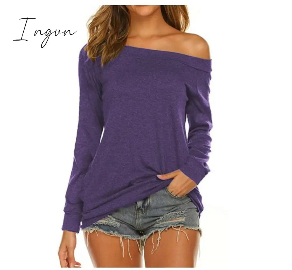 Ingvn - Stylish Off Shoulder Solid Color Long Sleeve Tops