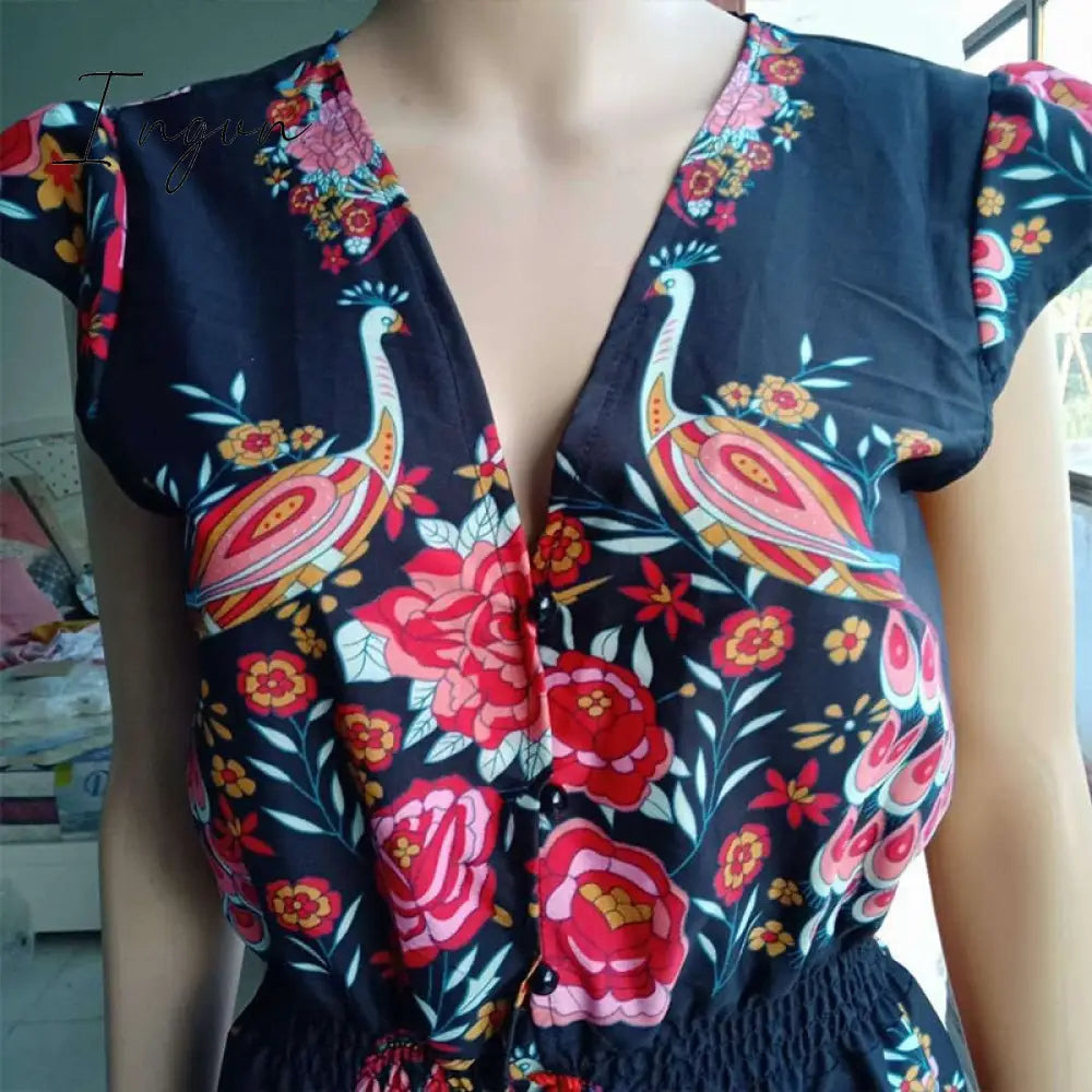 Ingvn - 2023 New Women Summer Boho Beach Maxi Dress Sexy V Neck Vintage Print Long Dresses Casual Sundress Dress