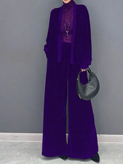 2 Pcs Velvet Solid Color Long Sleeve Open Front Top & Wide Leg Pants Outfit, Women's Clothing