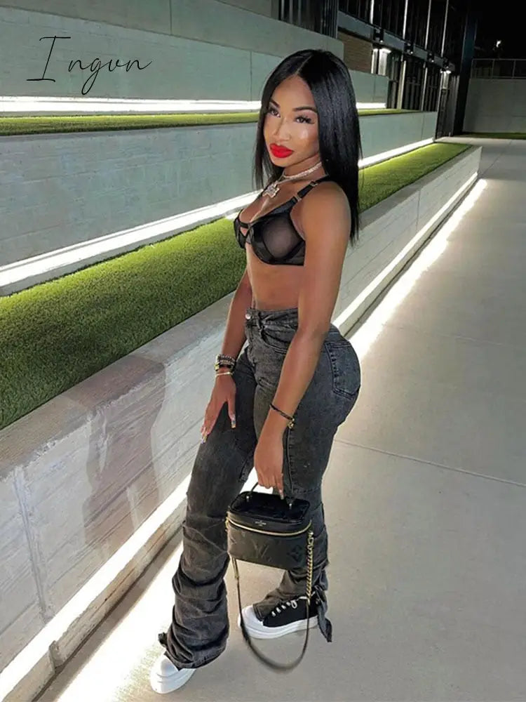 Ingvn - Grey Split Denim Stacked Pants Zip Up Baddie Style Streetwear Pencil Jeans For Women High Waist Bodycon Ruched Trousers