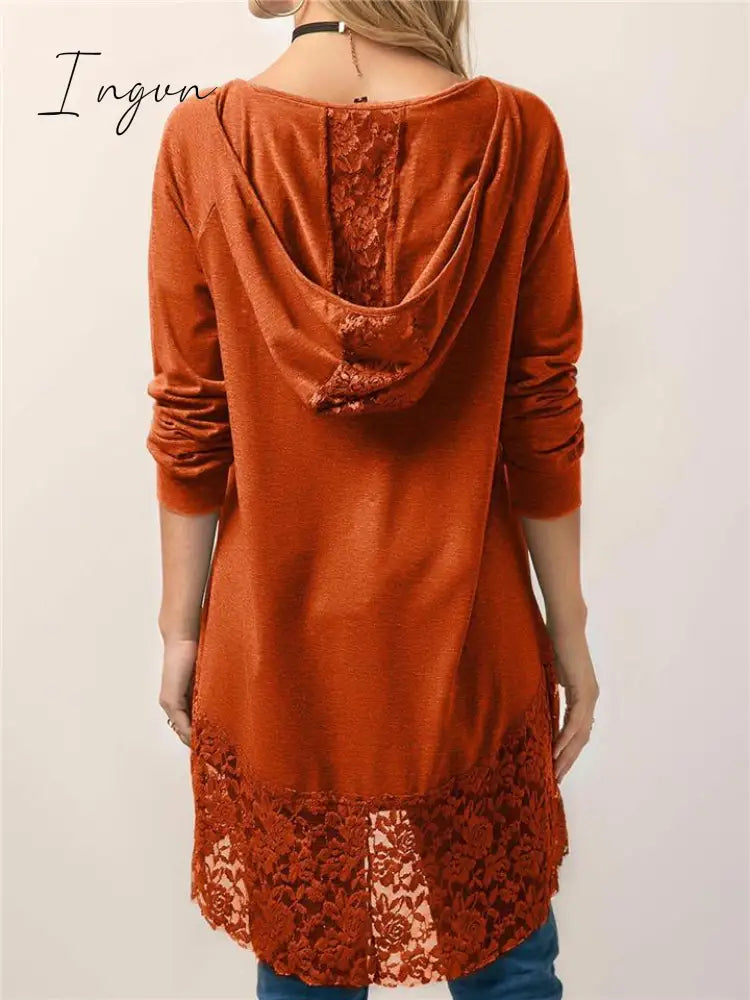 Ingvn - Women Pure Color Lace Patchwork Long Sleeve T-shirt With Hood