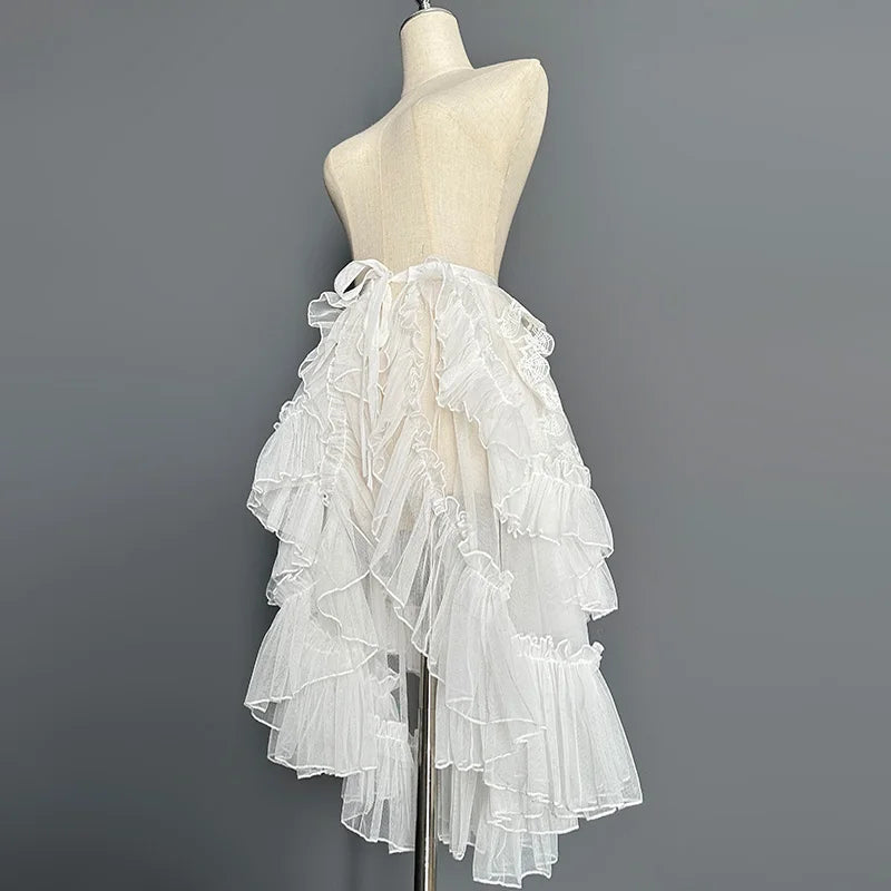 Gothic Lolita Lace Mesh Ruffles Fairy Princess Party Skirt Women Asymmetrical Cute Curtain Sheer Cover Up Thin Long Skirt White