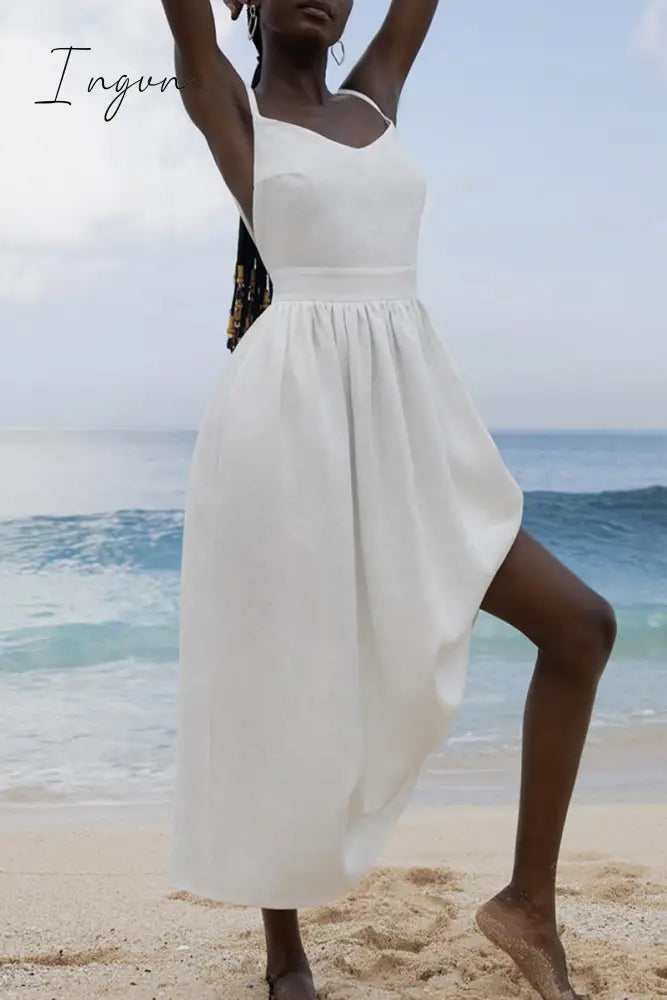 Ingvn- Sexy Vacation Solid Bandage Backless V Neck Beach Dress Dresses