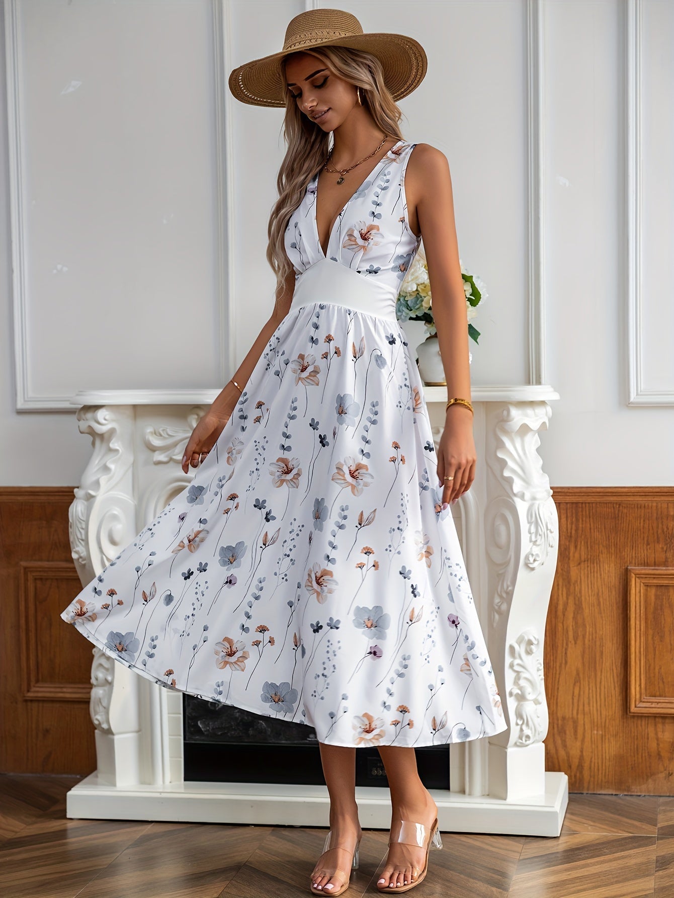 Vibrant Floral Plunge Midi Dress - Fashionable Sleeveless High Waist Design - Perfect for Casual Chic - Womens Clothing
