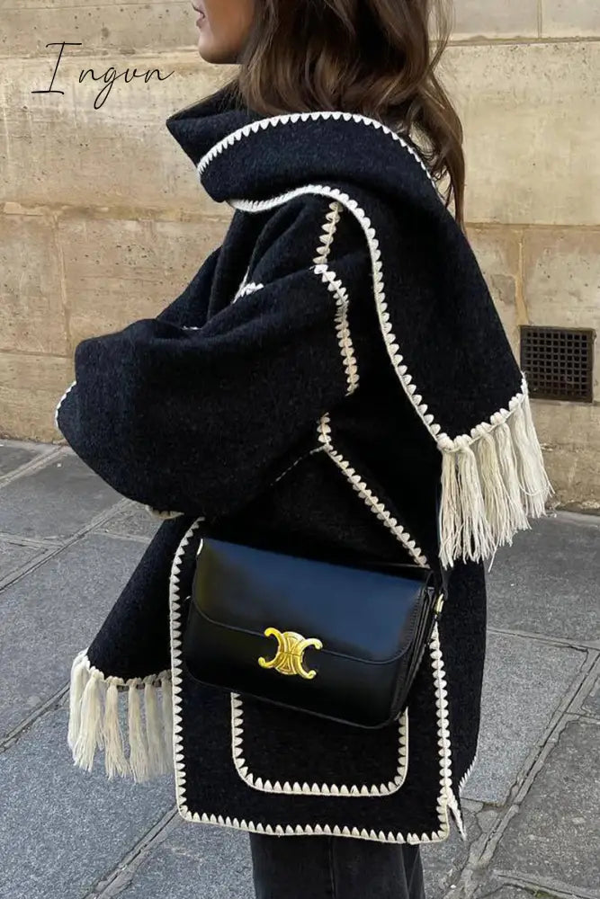 Ingvn - Casual British Style Solid Tassel Contrast Scarf Collar Outerwear