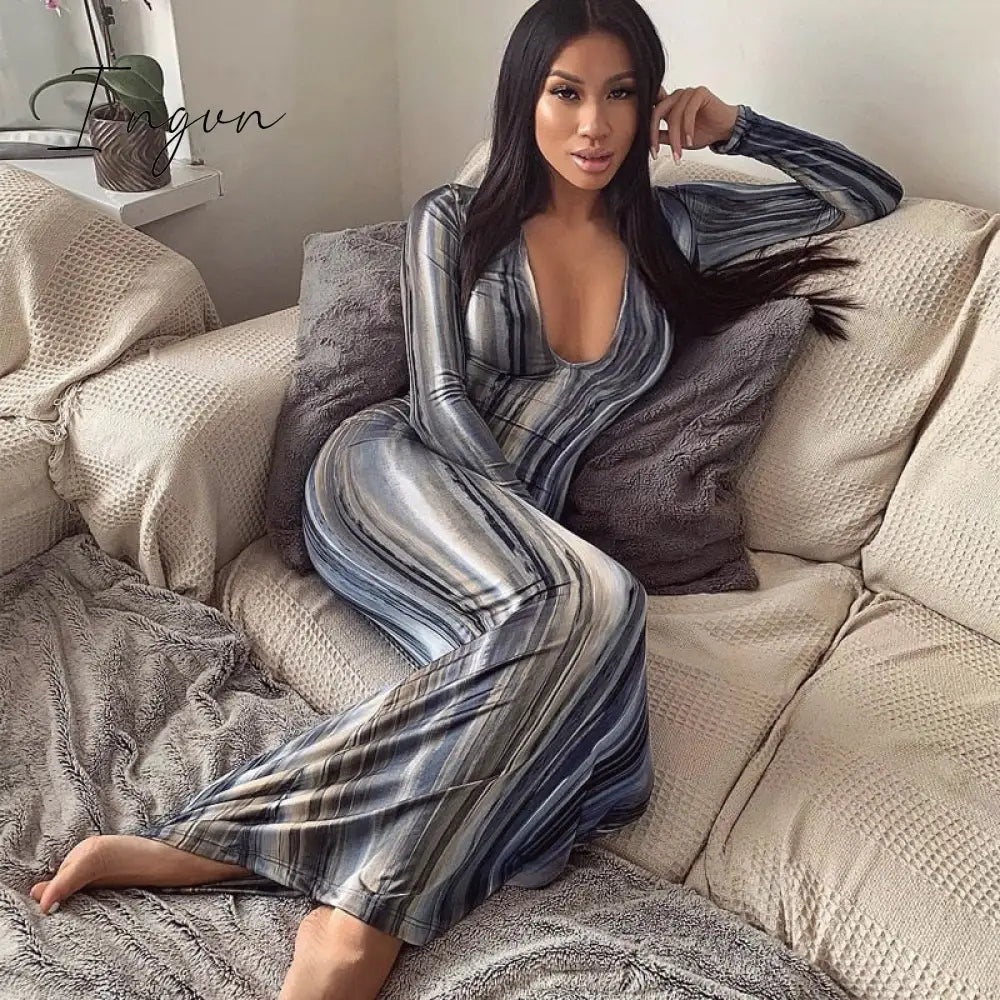 Ingvn - Stripe Tie Dye Print Sexy Maxi Dress Spring Casual Long Dress Women Nightclub Long Sleeve Bodycon Dresses C70CC31